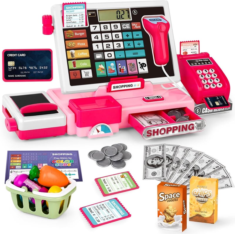 maysida Store Kids Cash Register Toy Playset, Toddler Prentend Play Store with Real Calculator Cash Register with Scanner/Credit Card/Play Money/Food, Learning Toys for Boys Girls Toddlers(Pink) - Image 1